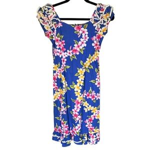 Vintage 90s Smart Design Girls Hawaiian Plumeria Ruffle Dress Sz 10 100% Cotton